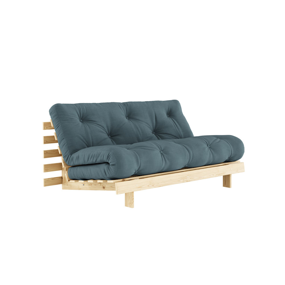 KARUP DESIGN Petrolejově modrá rozkládací pohovka ROOTS s konstrukcí ze světlého dřeva 160x200 cm